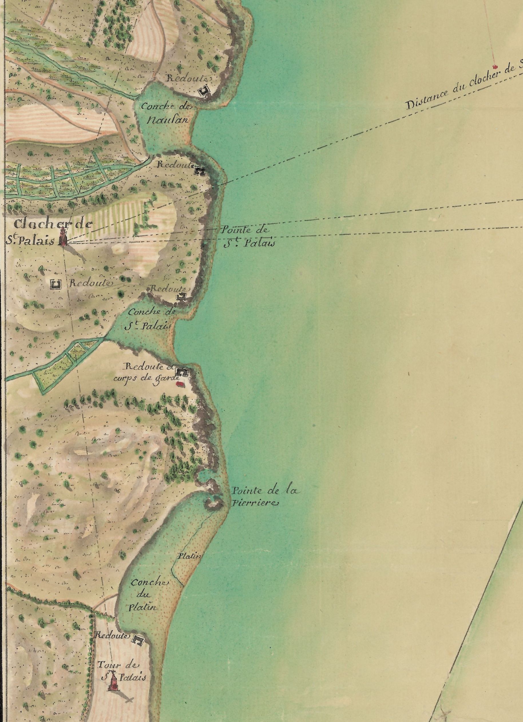 Carte de l'embouchure de la Gironde en 1772, montrant les éléments de défense et de repère pour la navigation © IGN.