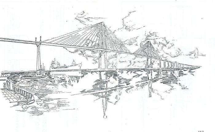 Dessin du projet d’un pont entre Meschers (17) et le Médoc. Rapport au Conseil régional d’Aquitaine, mars 1987. Archives régionales, Nouvelle-Aquitaine