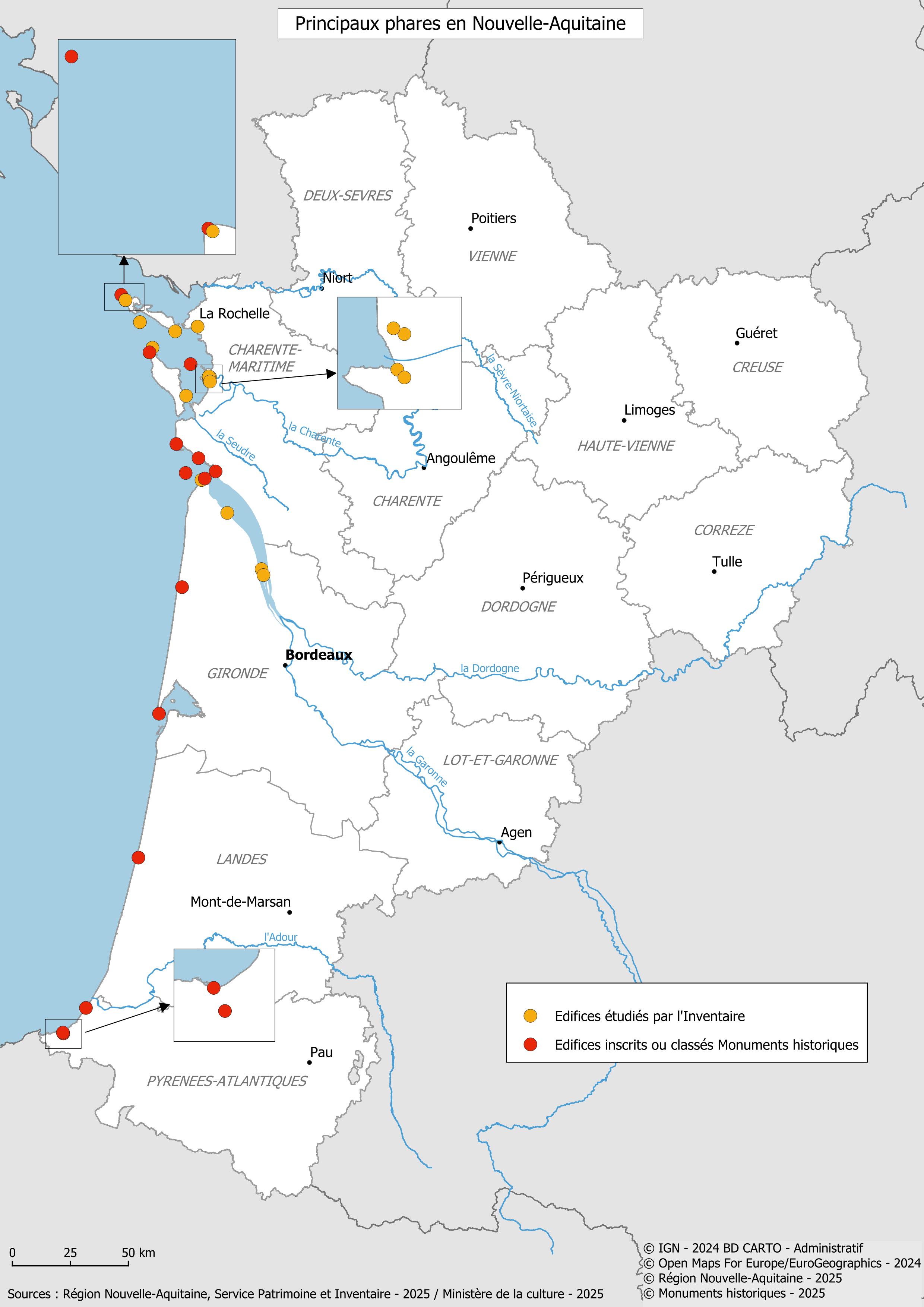 Carte des phares de Nouvelle-Aquitaine. (c) Région Nouvelle-Aquitaine, Inventaire général du patrimoine culturel / A. Brunet, 2025.