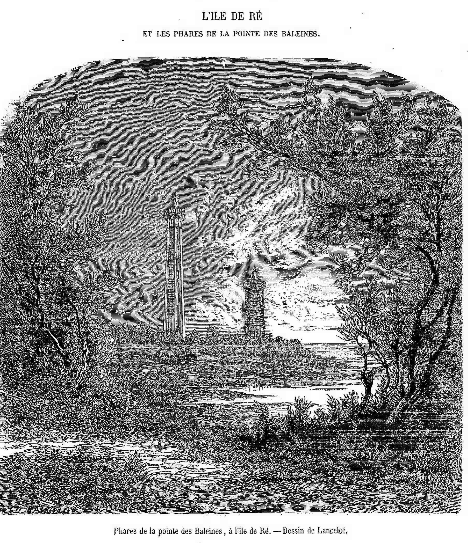 Gravure Phares de la pointe des Baleines, à l’île de Ré. Extrait de : L’île de Ré et les phares de la pointe des baleines. Le Magasin pittoresque, 1er janvier 1872, p. 129. Source : gallica.bnf.fr.