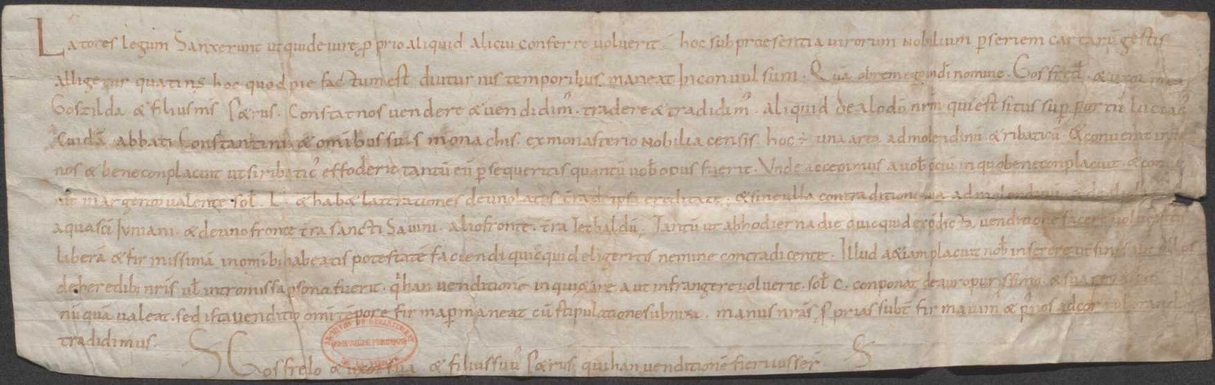 Abbaye Saint-Junien de Nouaillé : Vers 1013. Vente d'un emplacement pour la construction d'un moulin sur le port de Lussac. (c) Archives départementales de la Vienne, Carton 9.