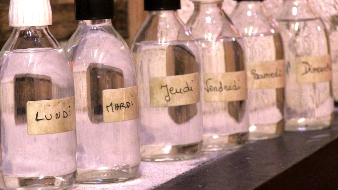 Échantillons des eaux-de-vie élaborées durant une semaine. 