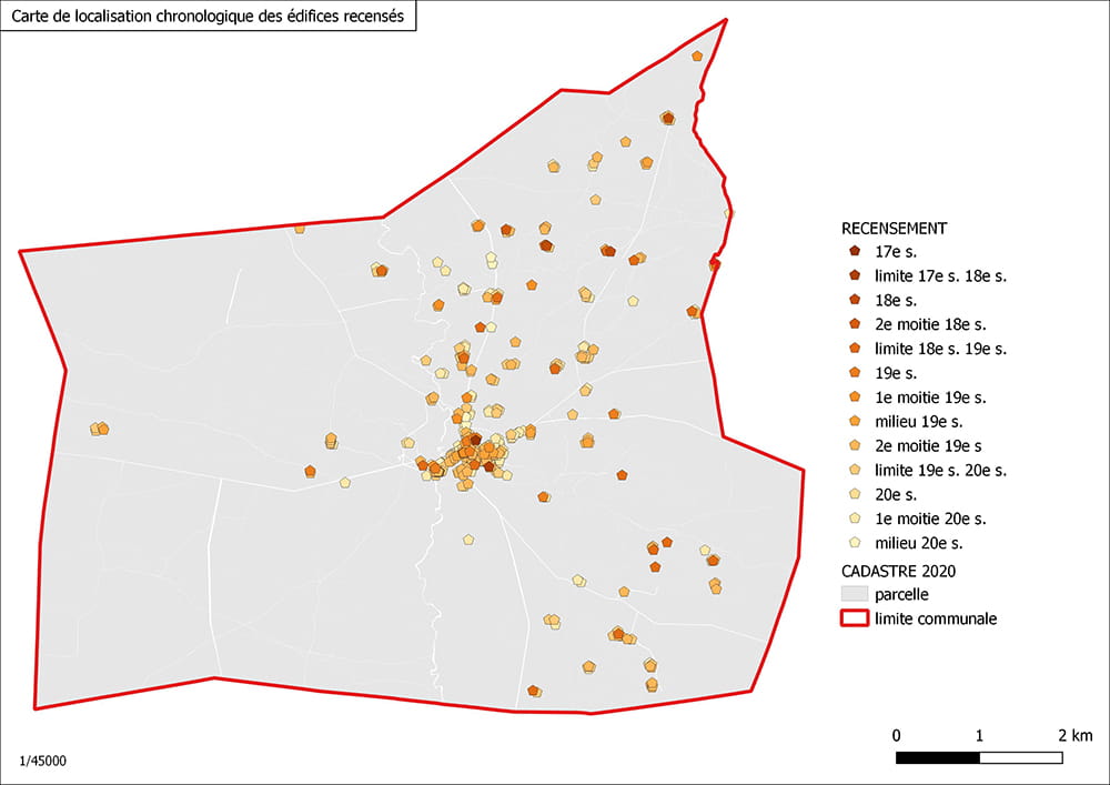 Carte de localisation chronologique des édifices recensés