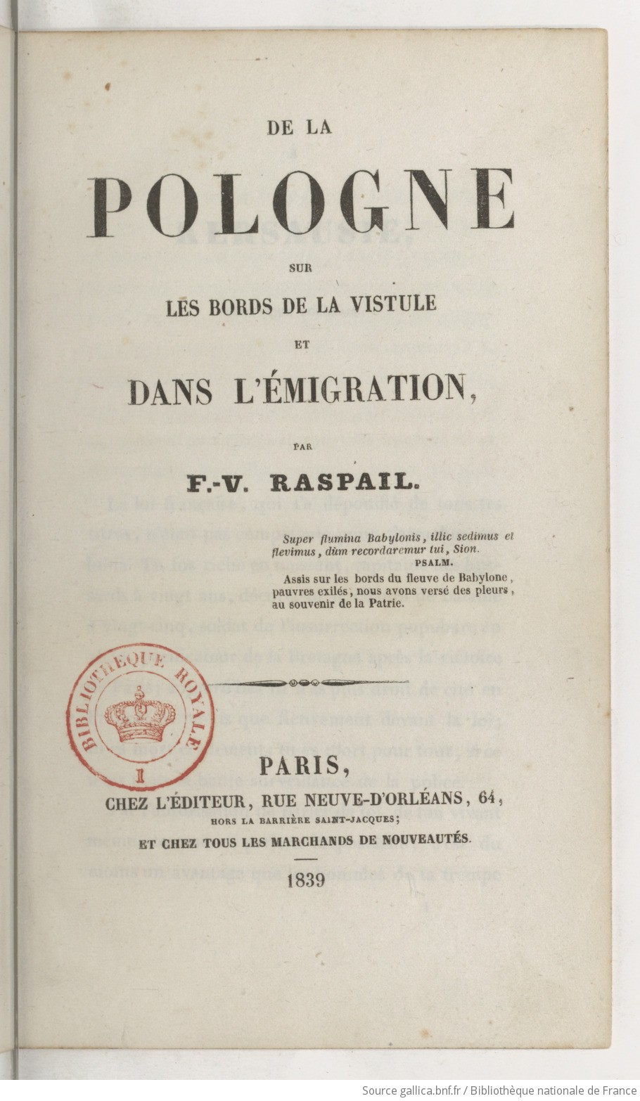 Page de garde du livre de François-Vincent Raspail, De la Pologne, sur les bords de la Vistule et dans l’émigration. https://gallica.bnf.fr/ark:/12148/bpt6k9737400w