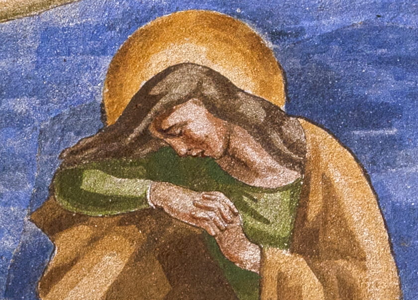 Mignaloux-Beauvoir, chapelle du manoir de Beauvoir, tableau du Christ en croix, détail d’une autre sainte femme. Région Nouvelle-Aquitaine, Inventaire général du patrimoine culturel, Gilles Beauvarlet