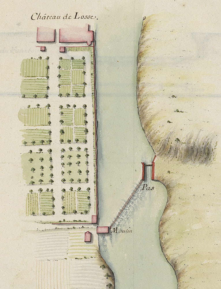 Fig 4 : Château de Losse. Le jardin bordé par la Vézère représenté par l’ingénieur du roi François Ferry en 1696 ; le nord est en haut (AD Gironde, 3 JC 107).