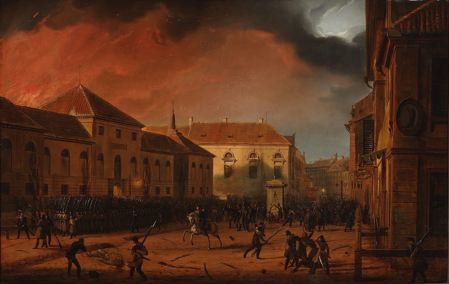 tableau de l’insurrection de Varsovie en 1830 peint par Marcin Zaleski et conservé au musée national de Varsovie. http://cyfrowe.mnw.art.pl/dmuseion/docmetadata?id=5274, Domaine public, https://commons.wikimedia.org/w/index.php?curid=43386385
