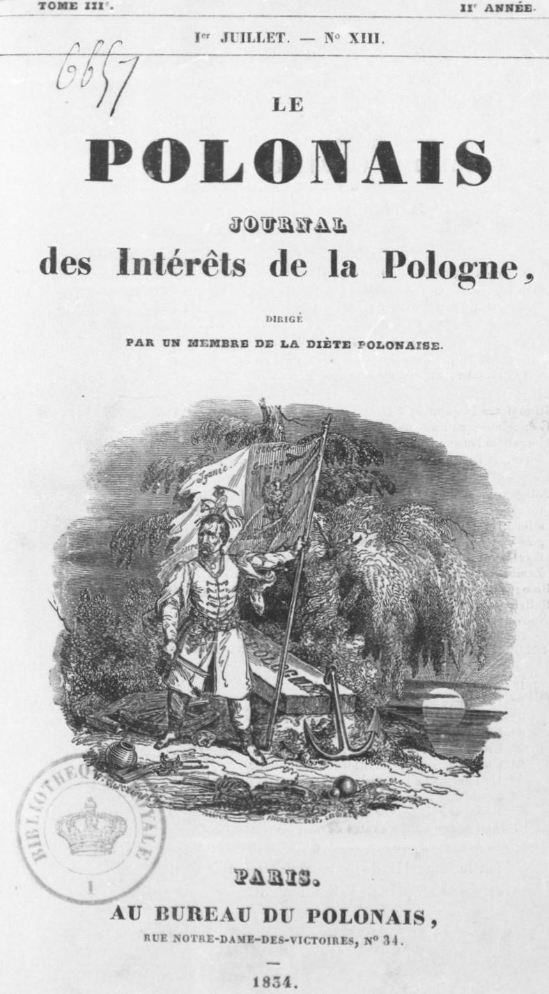 Page de garde de Le Polonais, journal des intérêts de la Pologne daté du 1er juillet 1834. https://gallica.bnf.fr/ark:/12148/bpt6k121007k