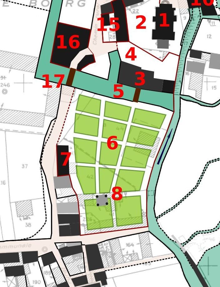 Fig 2 : Commanderie de Condat-sur-Vézère. Plan restitué de la commanderie en 1551 d'après les sources. (c) Xavier Pagazani, 2021 - Région Nouvelle-Aquitaine, Inventaire général du patrimoine culturel. [Le nord est en haut à droite] 1 : église paroissiale Saint-Blaise ; 2 : cimetière ; 3 : le « beau grand corps de maison tout à neuf » [maison du Commandeur] ; 4 : basse-cour/cour ; 5 : « gardier » [gardoir, vivier] ; 6 « beau jardin joignant ladite maison » ; 7 : « grange de ladite commanderie » ; 8 : « beau grand colombier où il y a vignes partie du jardin ».