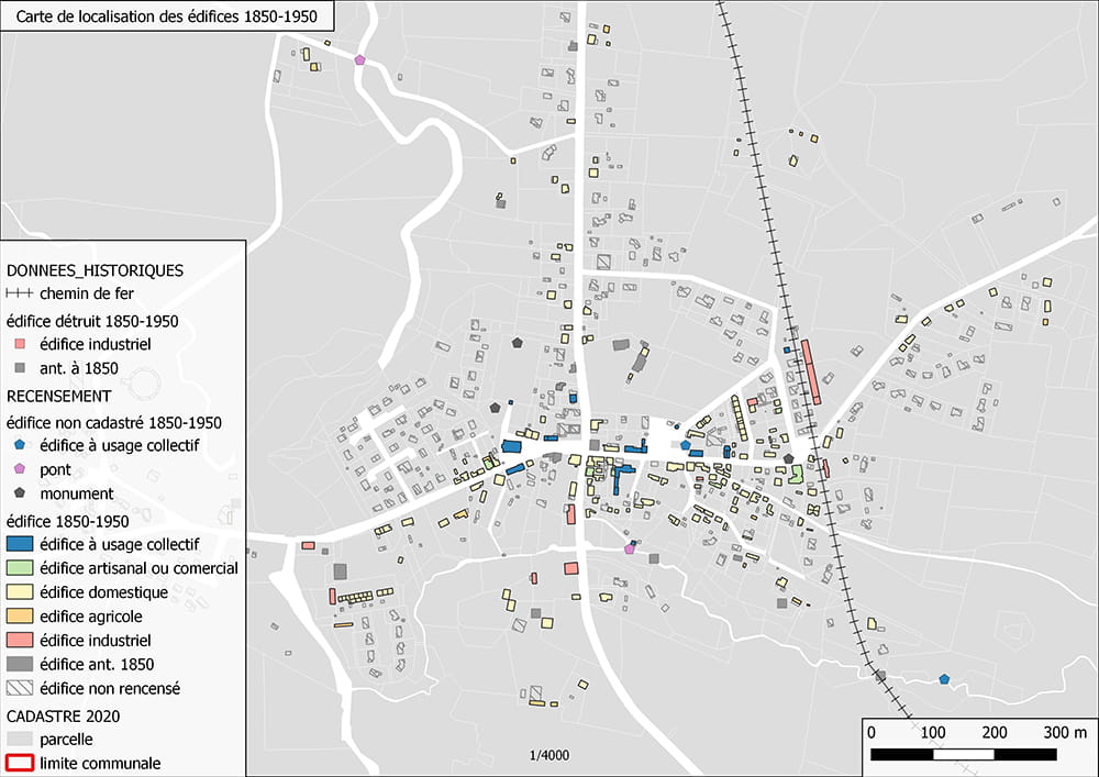 Carte de localisation des édifices 1850-1950