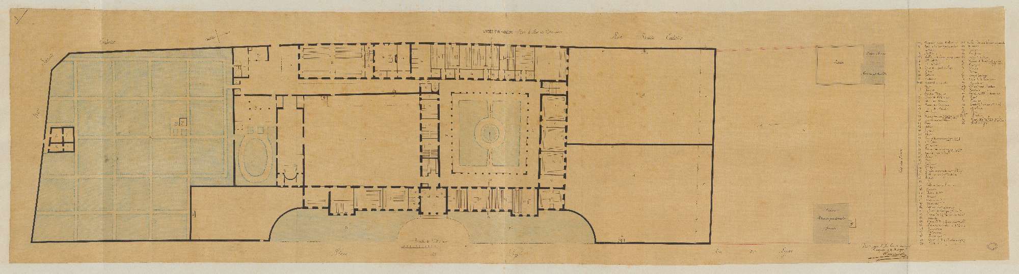 Lycée impérial. Plan du rdc. 0.005 pm. Signé de l'architecte Elie Poncet Cruvelier, 17 mars 1862. (AN)