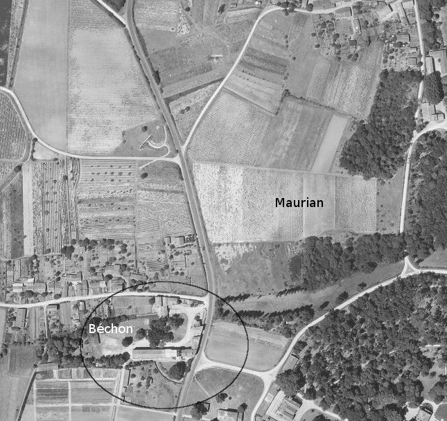 Vue aérienne, 1950. Les anciens bâtiments de Béchon sont en place. Le site de Maurian est vide de constructions. (fond IGN)