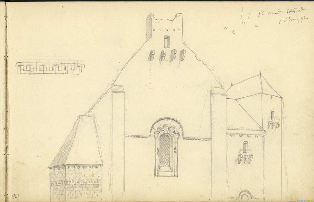 Dessin de l'église abbatiale de Saint-Amand-de-Coly par A. Rouméjoux, 1er juin 1892.