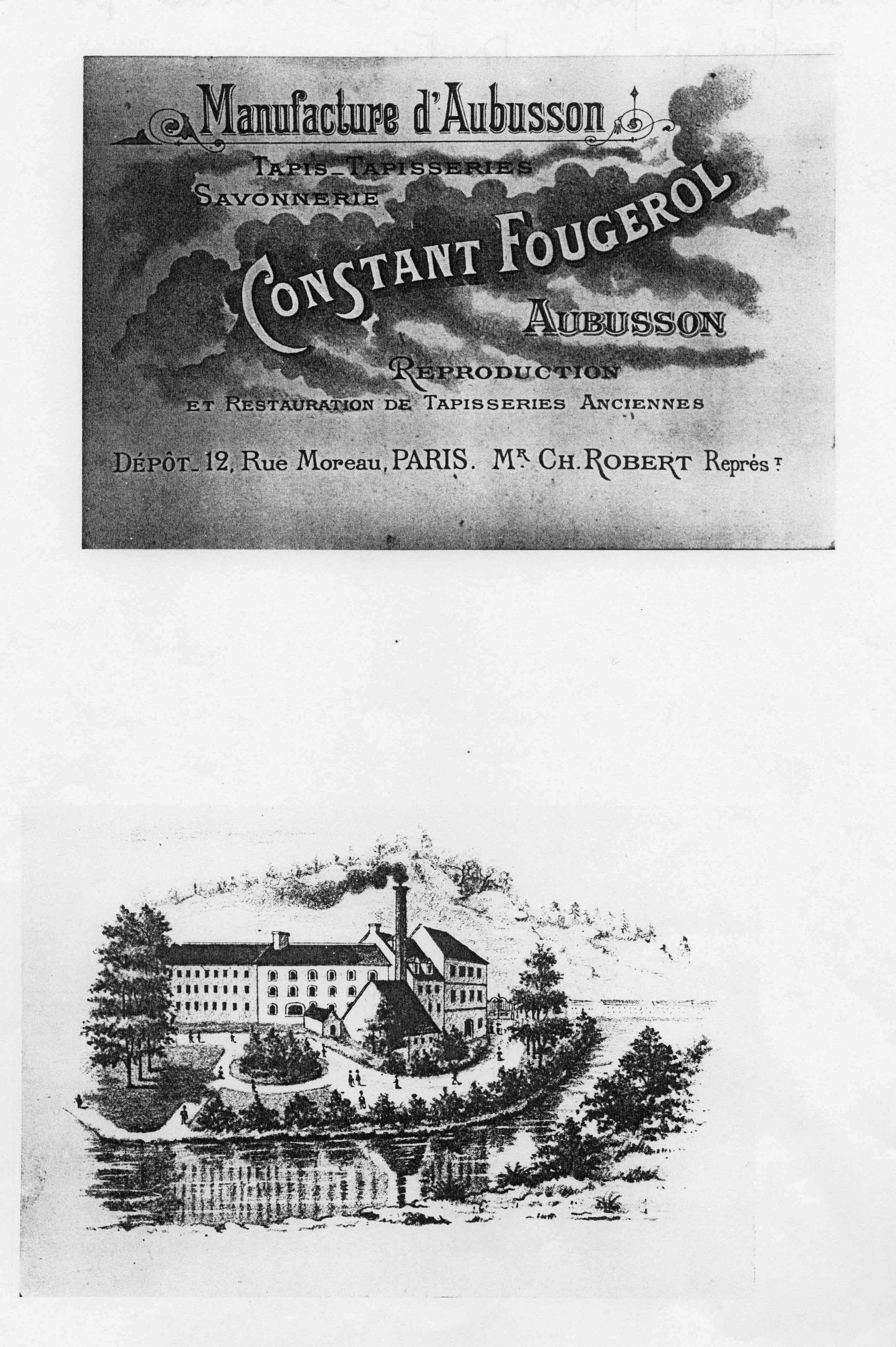 Carte de visite de la manufacture Constant Fougerol, quai Vaveix (début 20e siècle), avec une vision idéalisée de ses bâtiments (Centre de documentation du musée départemental de la Tapisserie)