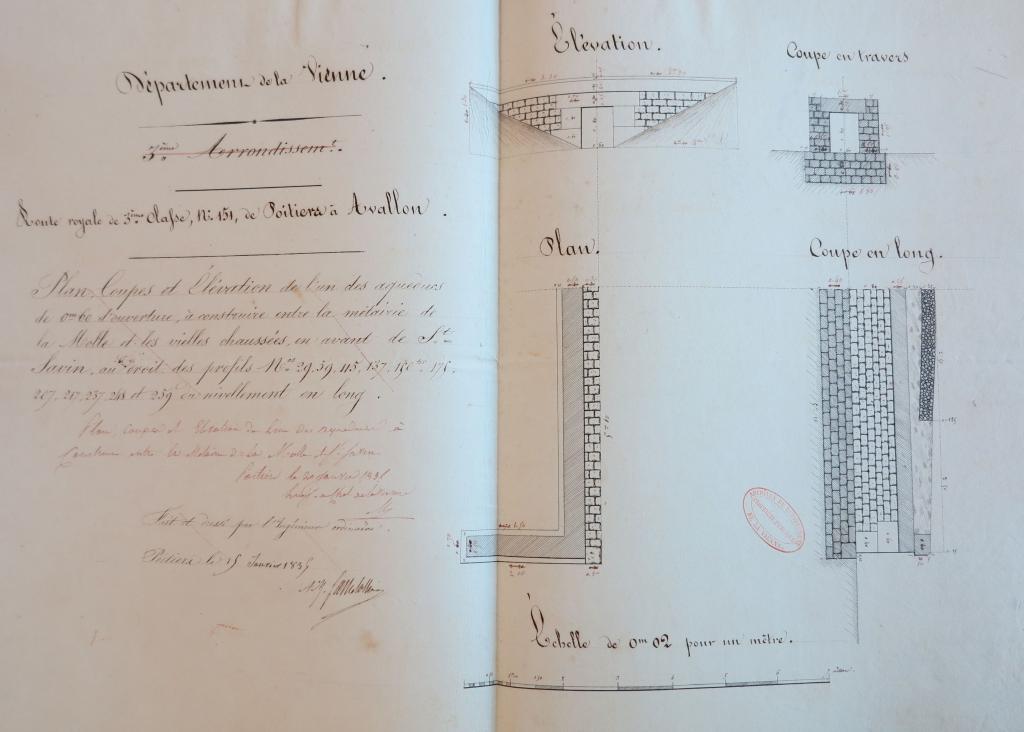 Plan, coupes et élévation de l'un des aqueducs de 1,40 m d'ouverture à construire entre la métairie de la Motte et les vieilles chaussées en avant de Saint-Savin, Favre-Rollin, 15 janvier 1835.