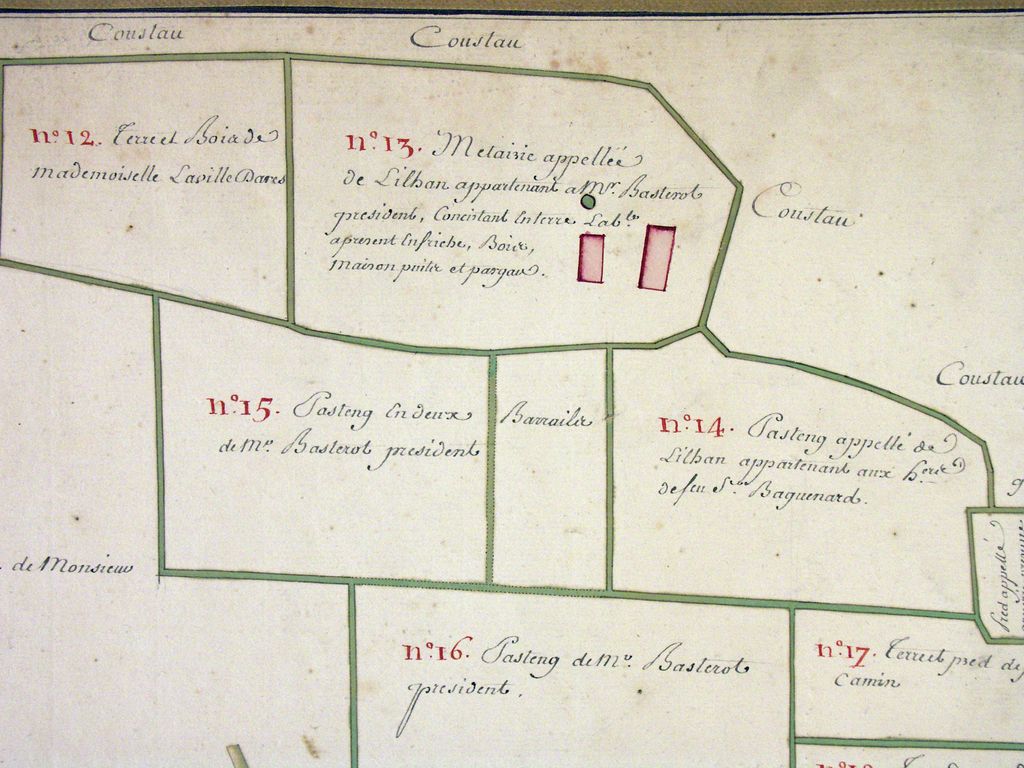 Plan parcellaire des terres et domaines dépendants de la seigneurie de Lesparre, paroisse de Soulac, 18e siècle : métairie de Lilhan appartenant à M. de Basterot.