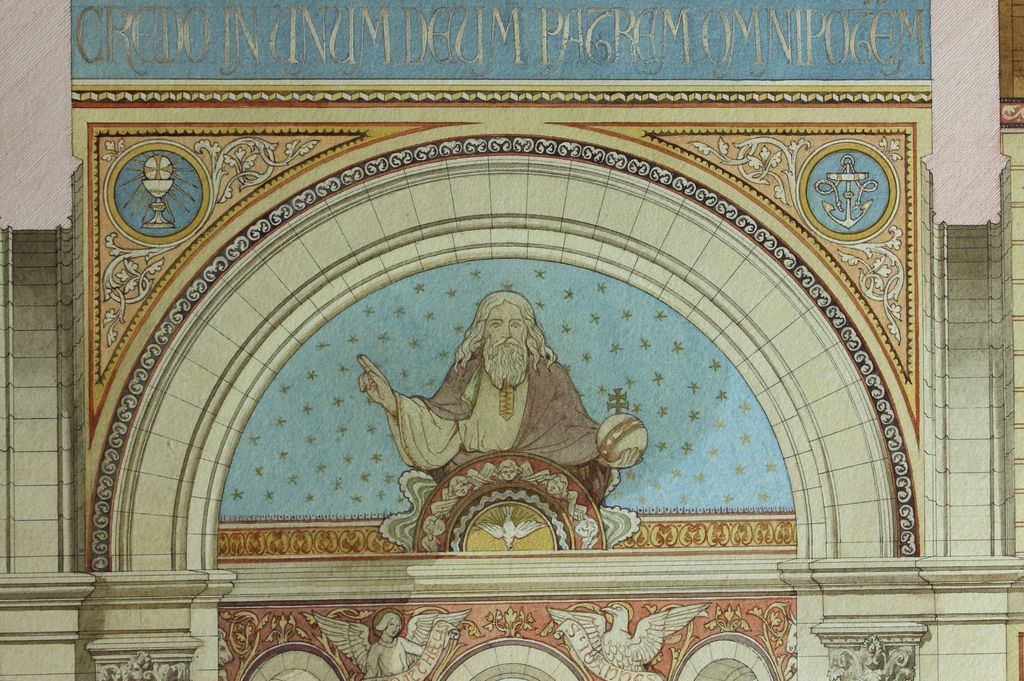 Projet de peintures murales, par Edmond Ricard et Jean-Henri Bonnet, 2 avril 1898 : détail du cul-de-four de l'abside (Dieu le Père et Saint-Esprit).