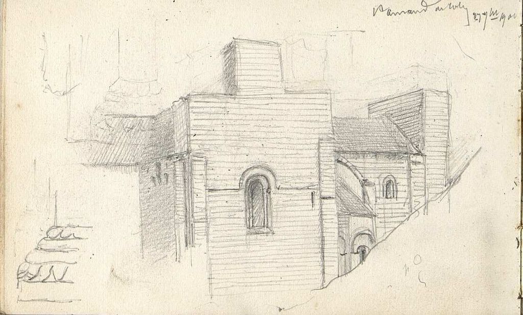 Détails. Dessin de l'église abbatiale de Saint-Amand-de-Coly par A. Rouméjoux, 27 septembre 1900.