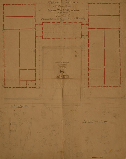 Château de Loudenne à St-Izans. Messieurs W. et A. Gilbey de Londres propriétaires. Plan général indiquant la halle d'embarquement et les tramways, 27 novembre 1876