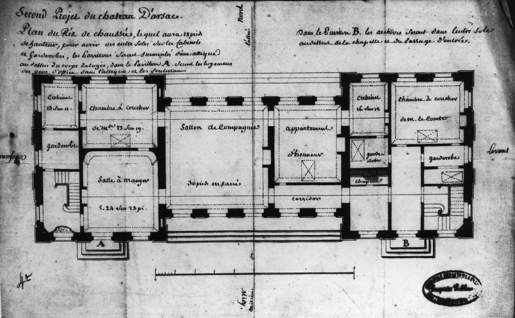 Plan du rez-de-chaussée du second projet, par Bonfin, 1768.