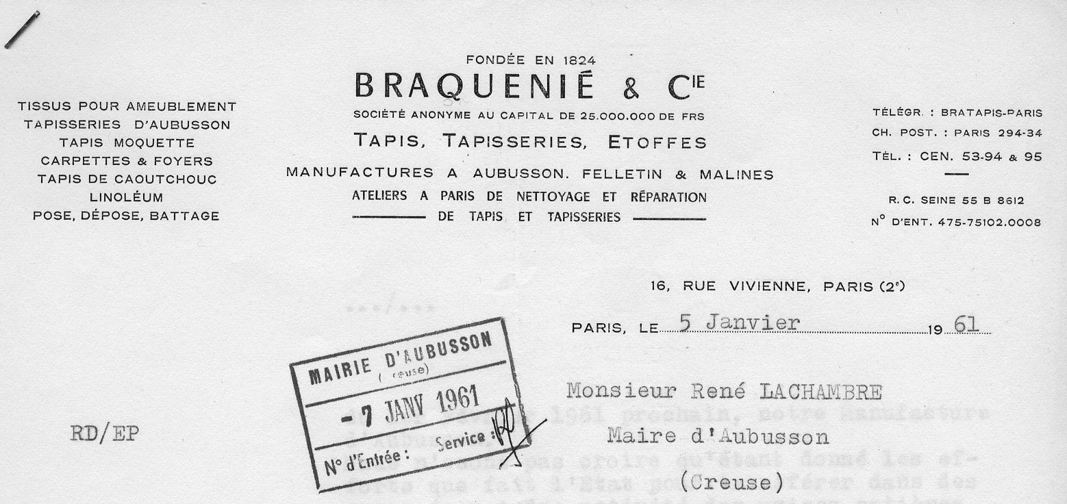 En-tête d'une lettre de la société Braquenié et Cie (1961) (AC Aubusson)