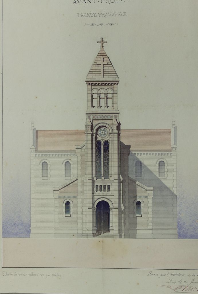 Avant-projet de reconstruction, par Edmond Ricard, 10 janvier 1888 : façade principale (détail).