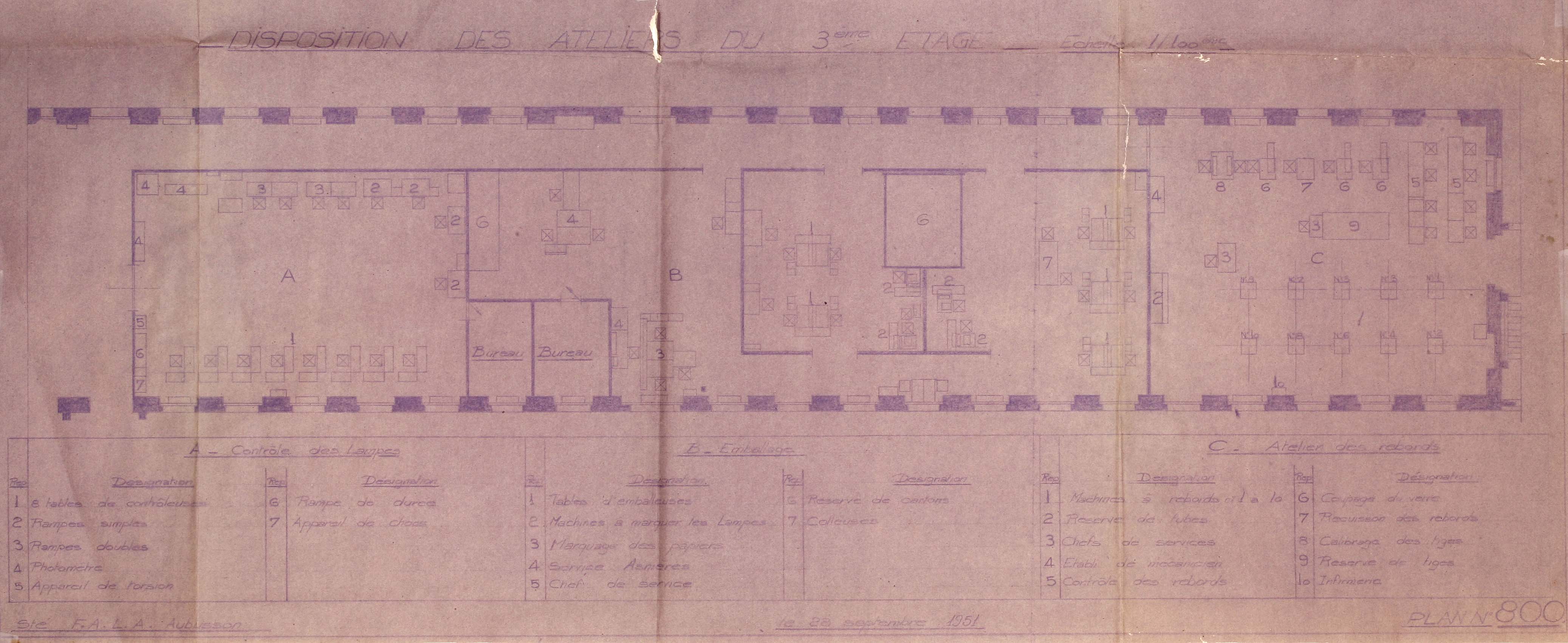 Plan avec la disposition des ateliers du 3ème étage du bâtiment A de la FALA (1948) (AC Aubusson).