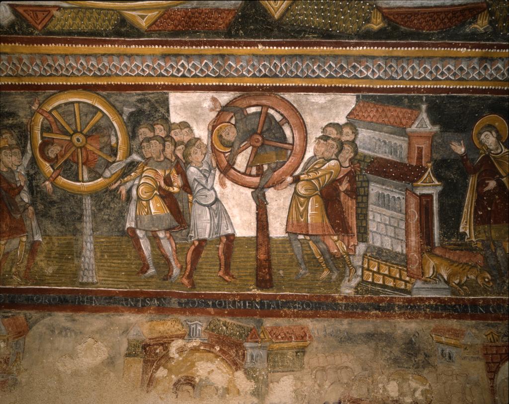 Crypte, registre supérieur sud, deuxième scène : Savin et Cyprien subissent le supplice de la roue.