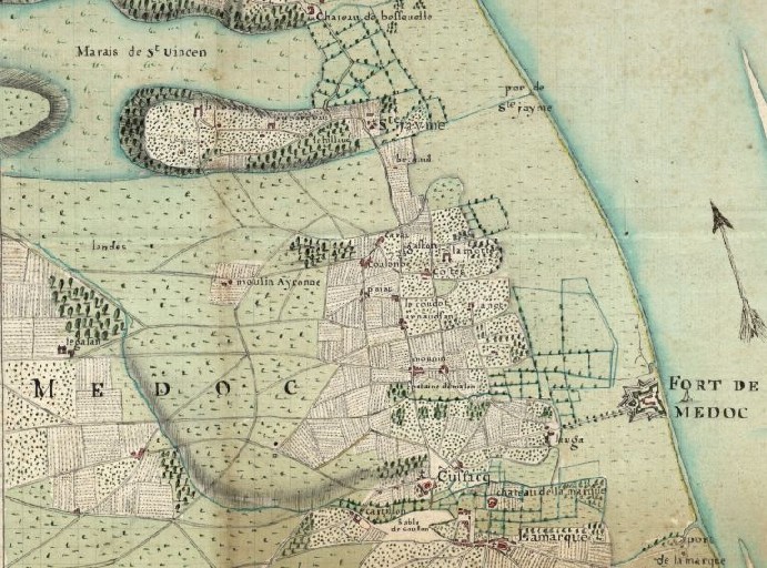 Carte de 1716 indiquant les deux villages de Sainte-Gemme et de Cussac.