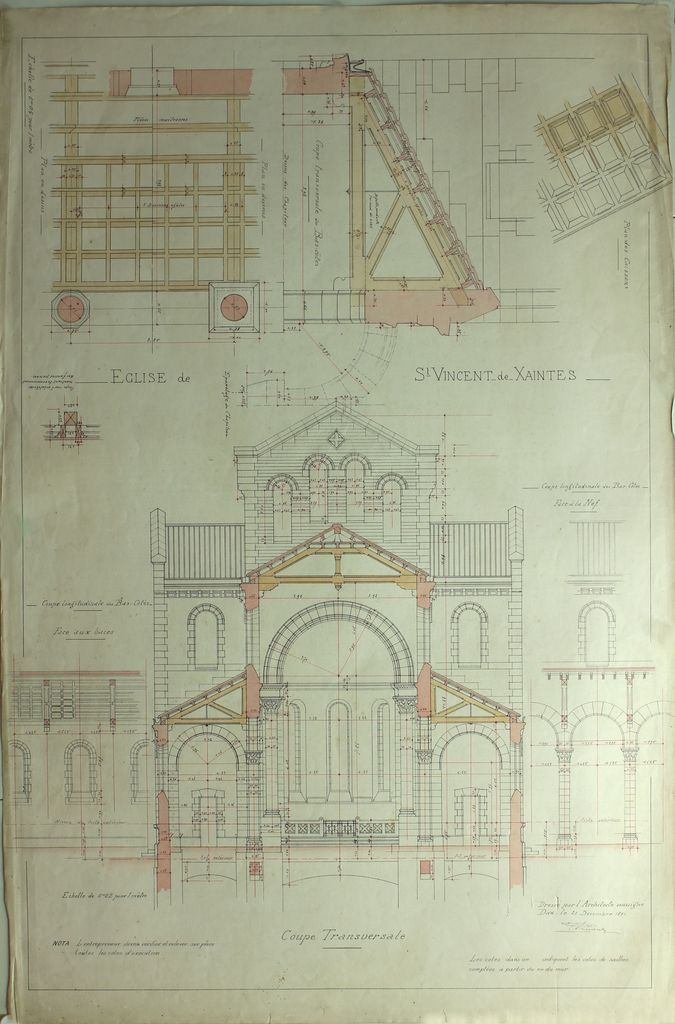 3e projet de reconstruction, par Edmond Ricard, 21 décembre 1891 : coupe longitudinale de la nef et des bas-côtés.