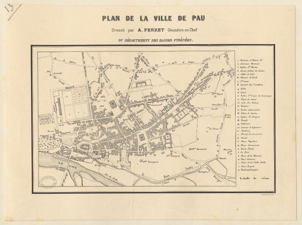 Plan de la ville de Pau en 1861 avec le lycée (n°10).