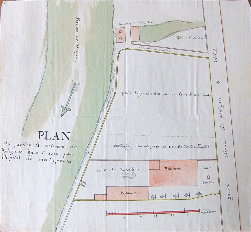 Plan du jardin et bâtiment des religieuses acquis en 1758 pour l'hôpital de Montignac.