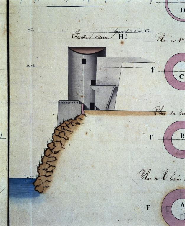 Plans, élévation et coupe de la Tour de l'Aiguillette [sic] : détail.