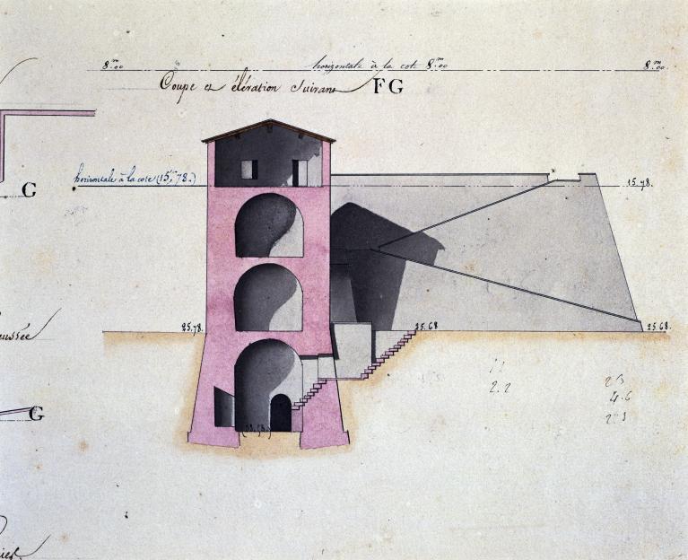 Plans, élévation et coupe de la Tour de l'Aiguillette [sic] : détail.