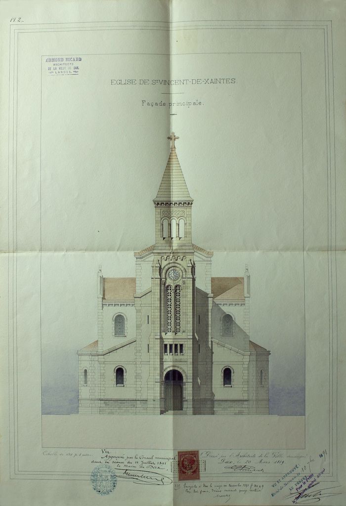 2e projet de reconstruction, par Edmond Ricard, 20 mars 1889 : façade principale.