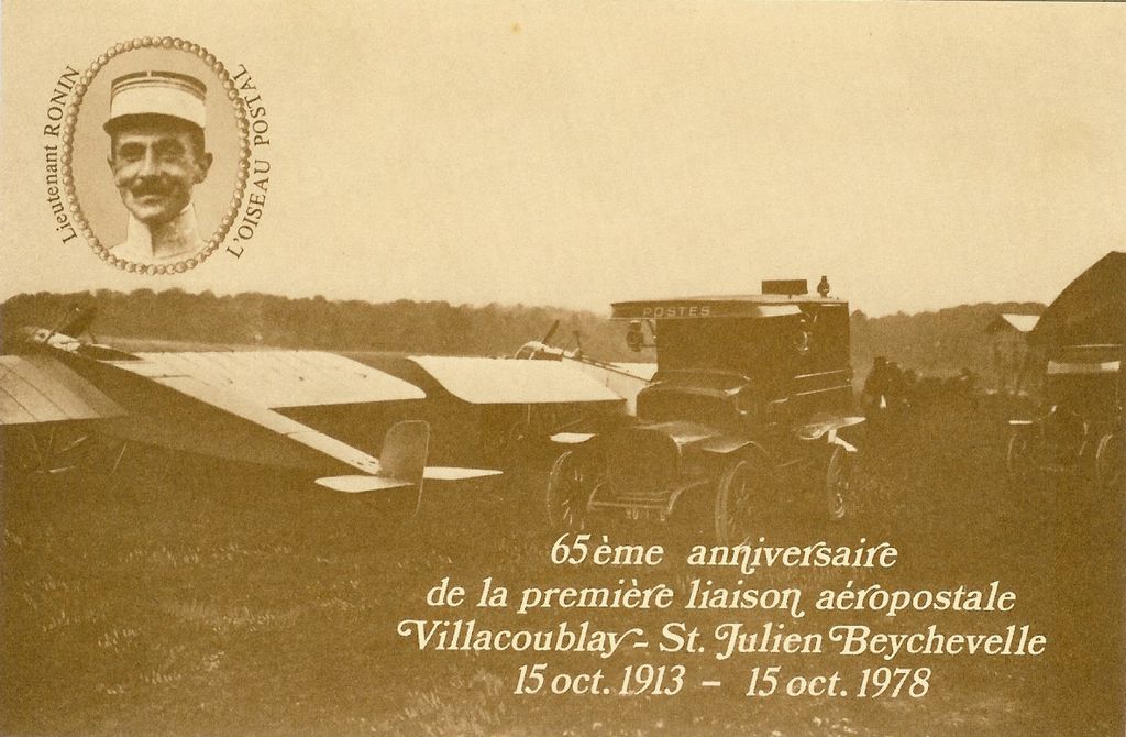 Carte postale (collection particulière) : 65ème anniversaire de la première liaison aéropostale Villacoublay - St. Julien Beychevelle, 15 oct. 1913 - 15 oct. 1978.
