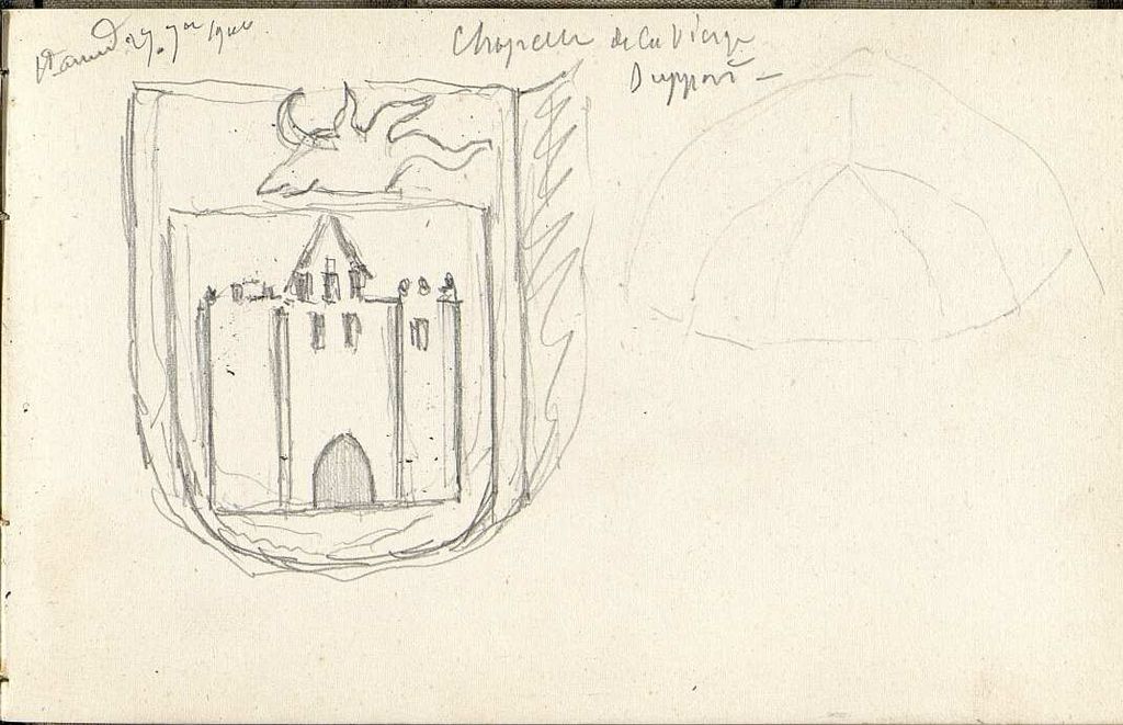 Dessin d'un écu armorié à la voûte de la chapelle de la Vierge par A. Rouméjoux, 27 septembre 1900.