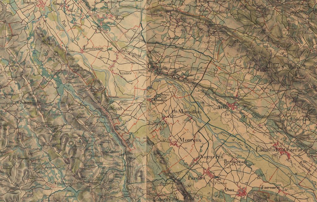 Détail de la minute d'état-major de 1851 centrée sur Lacq montrant l'orientation nord-ouest/sud-est de la vallée moyenne du gave de Pau, entre deux lignes de coteaux