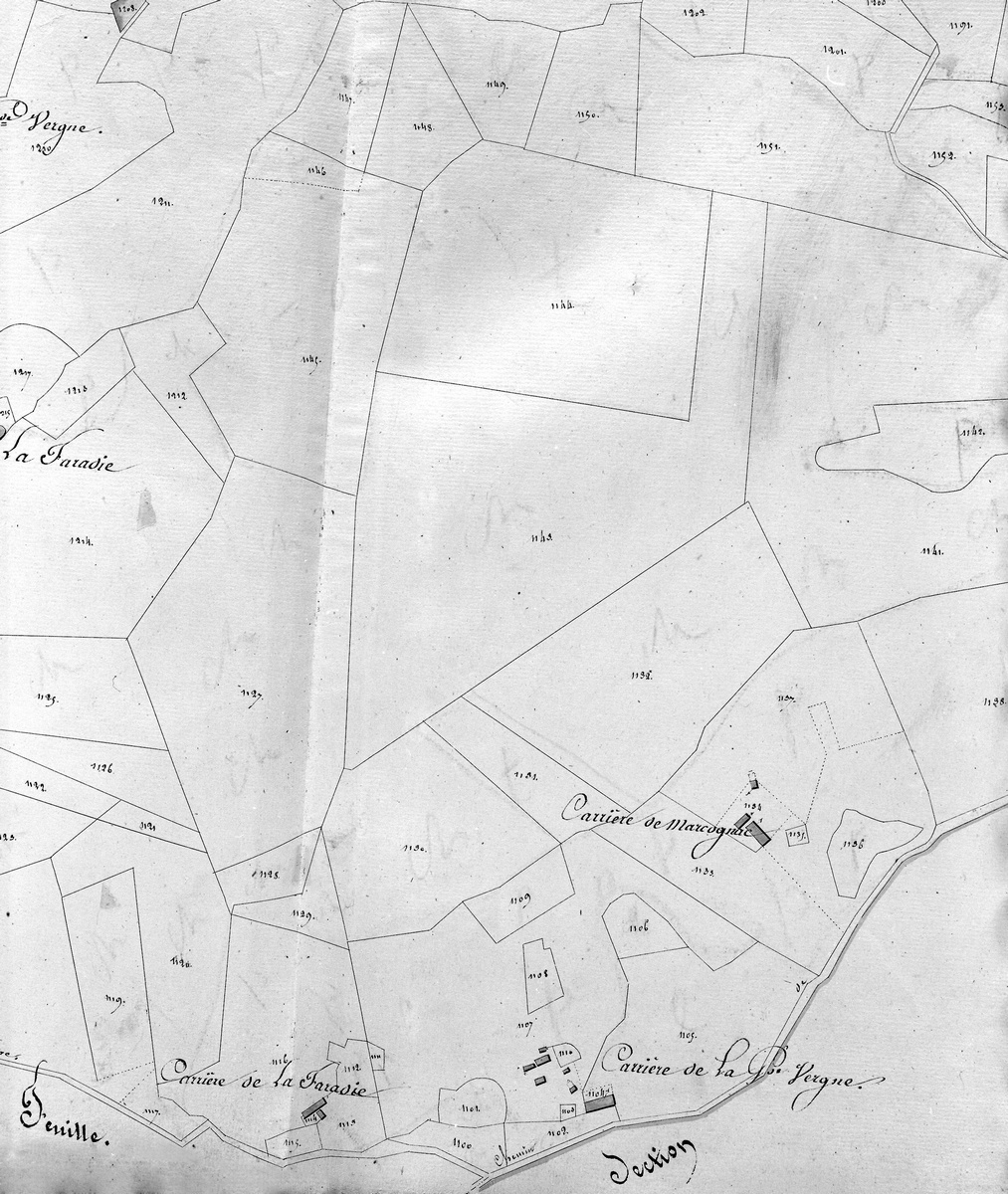 Extrait du plan cadastral de Saint-Yrieix-la-Perche, section H 6, parcelles 1104-1110, 1824.