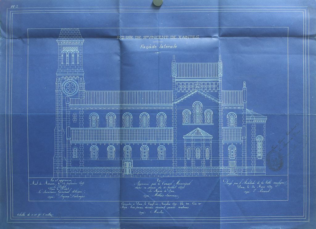 2e projet de reconstruction, par Edmond Ricard, 20 mars 1889 : façade latérale.