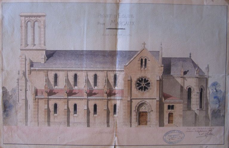 Projet d'église pour Margaux, A. Labbé, 1867 : élévation latérale.
