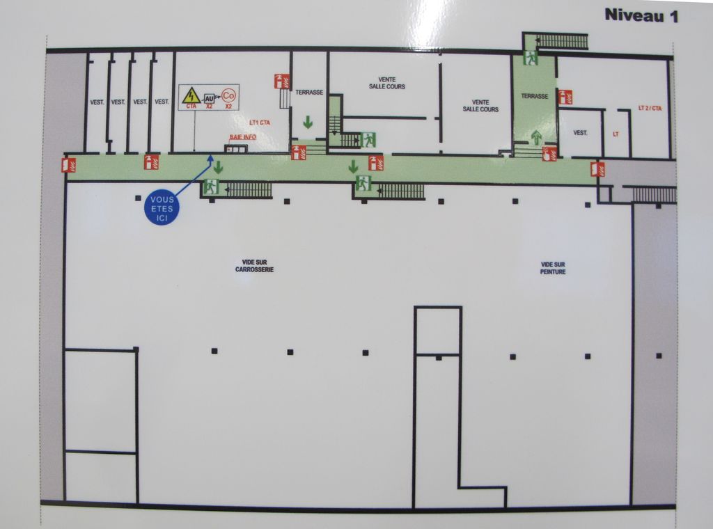 Plan des bâtiments des ateliers de mécanique (ateliers carrosserie et peinture) niveau 1.