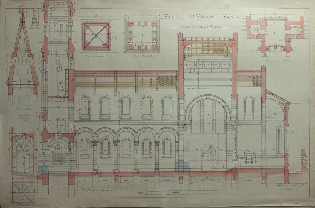 3e projet de reconstruction, par Edmond Ricard, 21 décembre 1891 : coupe longitudinale.