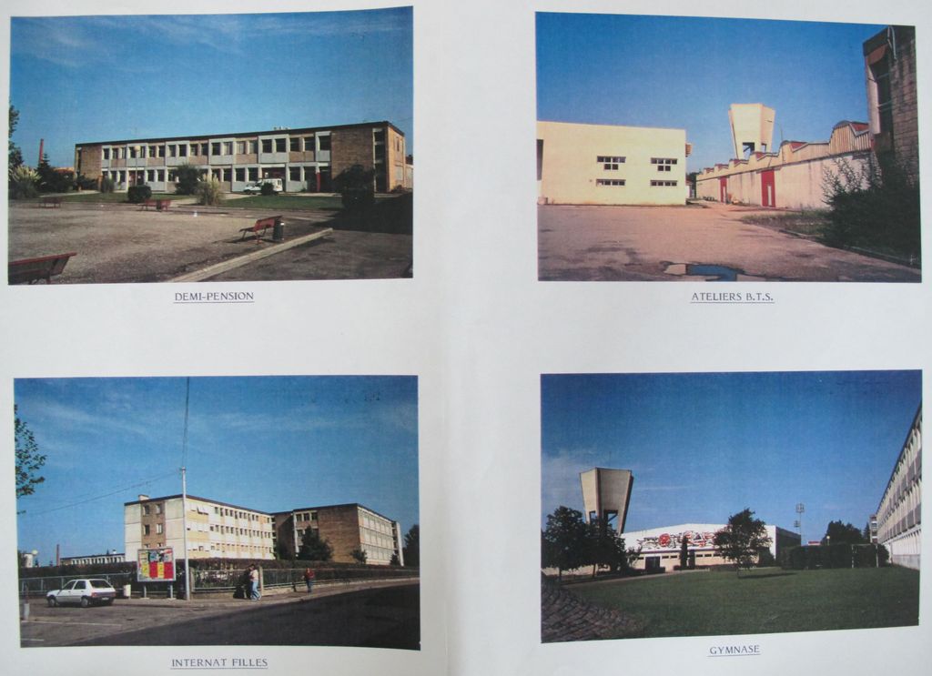 Prise de vue années 1980-1990. Bâtiments demi-pension, gymnase et internat filles construits entre 1967-1971. Bâtiment BTS construit ente 1983 et 1986 (coll. part).