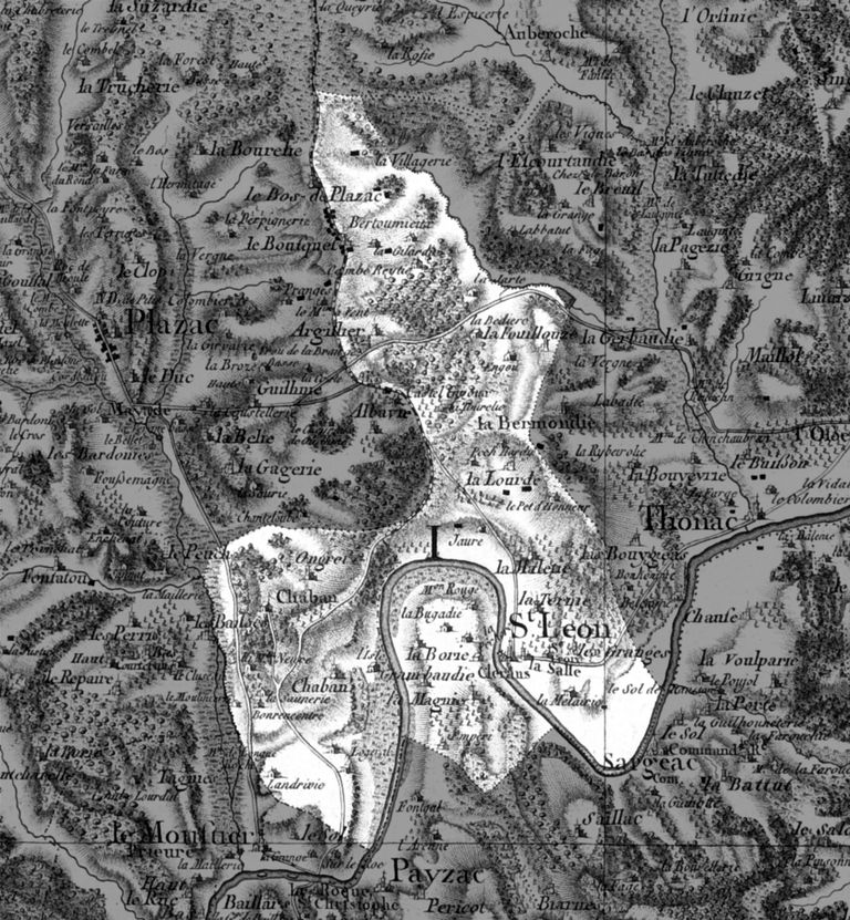 Saint-Léon en 1768, d'après un extrait de la carte de Belleyme (planche n° 23, levée en 1768, publiée entre 1785 et 1789).