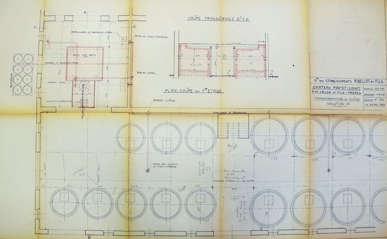 Transformation du cuvier, solution A, plans et coupes, par Michel Garros, 20 mai 1960, détail de la coupe transversale et du plan-coupe du 1er étage.