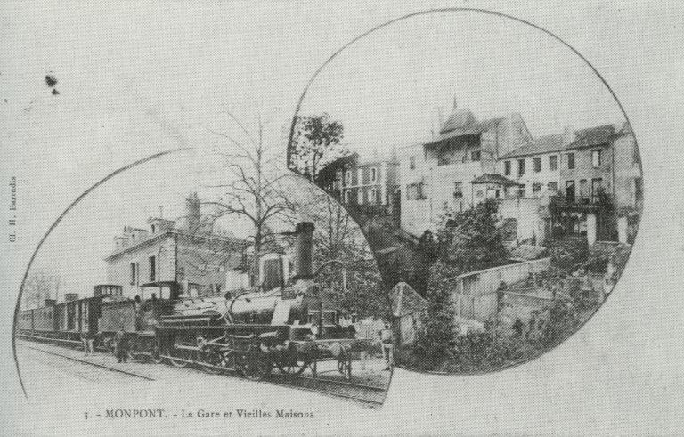 Gare de Montpon et façades postérieures de maisons du bourg, au début du 20e siècle.