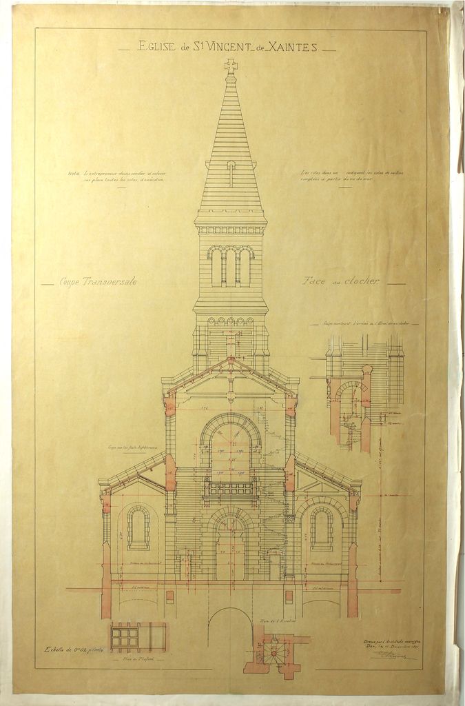 3e projet de reconstruction, par Edmond Ricard, 21 décembre 1891 : coupe transversale, face du clocher.