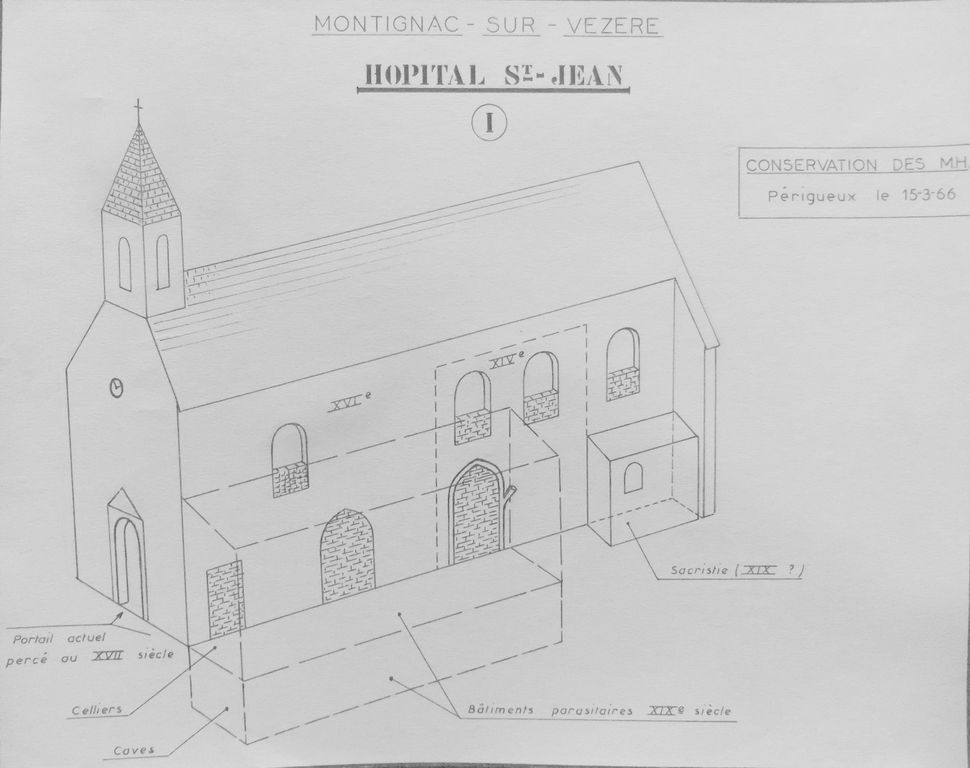 Vue perspective de l'église du prieuré, 15 mars 1966 : le bâtiment annexe n'a pas encore été détruit. Les datations sont à affiner (voir historique). Dessin Imprimé.