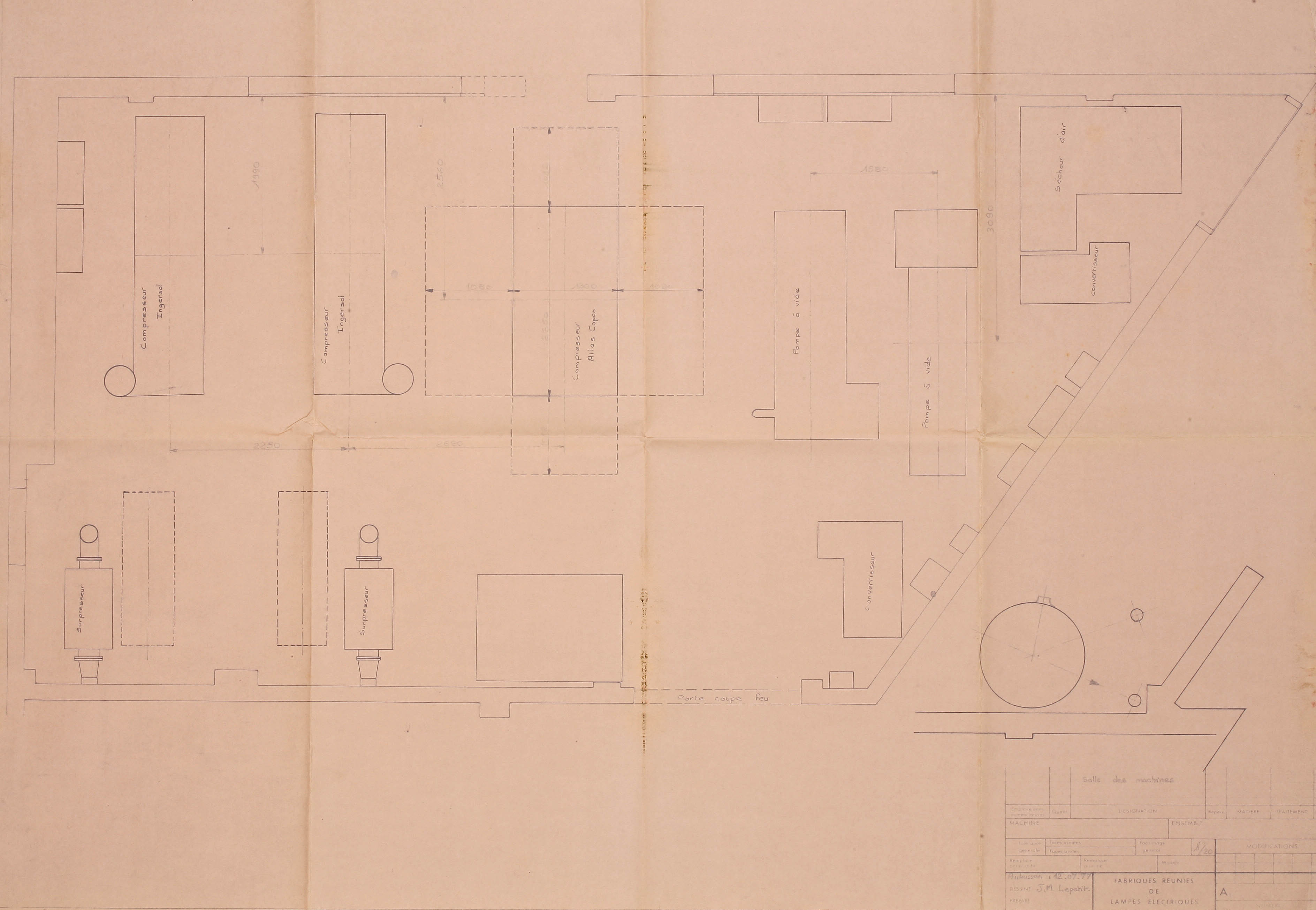 Plan de la salle des machines du bâtiment E de la FRLE (1986) (AC Aubusson).
